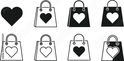 Set of black and white shopping bag icons with heart symbols, love and gift purchase vector illustration collection for valentines