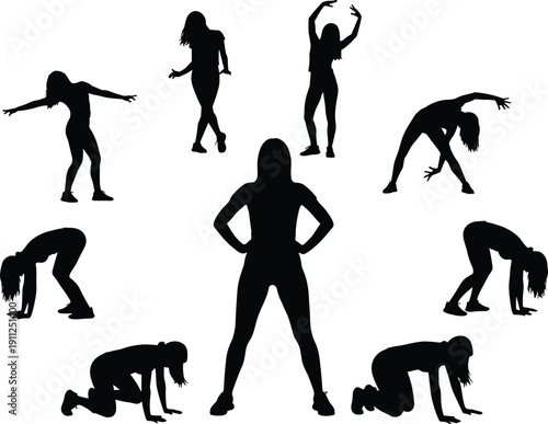 Set of black silhouettes depicting young athletic woman performing fitness exercises, stretching, aerobics and warm up poses isolated on white background
