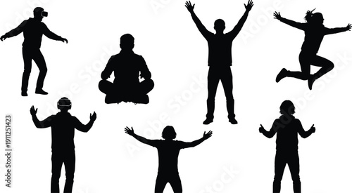 Set of black vector silhouettes depicting people using virtual reality headset, jumping, meditating and showing success gestures isolated on white background