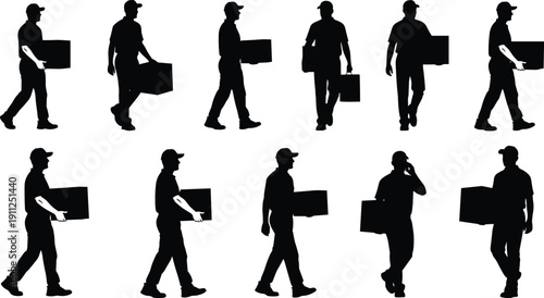 Set of delivery man silhouettes carrying boxes, courier service workers walking with packages, black vector illustration collection isolated on white background.