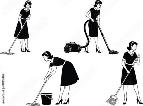 Set of retro housewife silhouettes cleaning floor with vacuum, mop and broom, black and white vector illustration isolated on white.