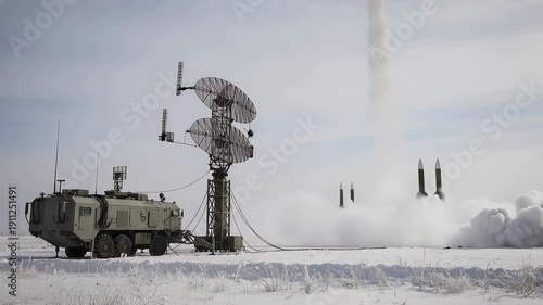 Modern surface to air missile system launching interceptor rockets during military exercises in a snowy landscape, with a mobile radar complex providing target acquisition and guidance