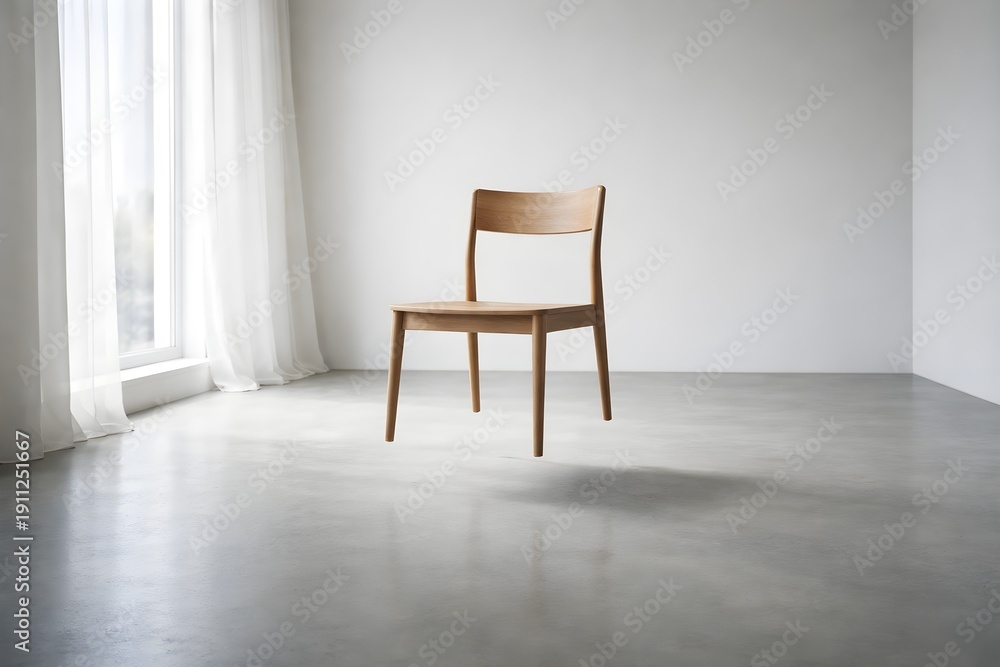 Fototapeta premium A floating chair in a minimalist room, capturing a subtle surreal moment where everyday stability quietly dissolves.