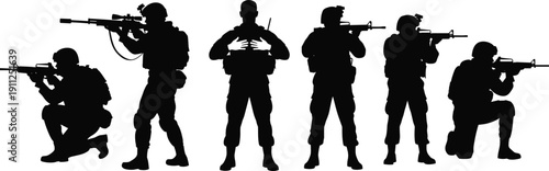 Special forces military soldiers silhouettes set, tactical army squad with rifles and sniper gear, infantry troops in combat poses isolated