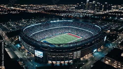 Stunning aerial footage showcasing a massive american football stadium packed with enthusiastic fans during a thrilling night game, with the vibrant city lights illuminating the background
