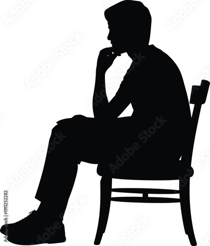 Man sitting silhouette thinking pose on chair, thoughtful male figure profile, contemplation concept isolated black human illustration graphic