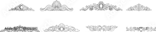 Vector technical drawings of classical architectural ornaments including ornate urns, decorative pediments, floral moldings, and cornice profiles