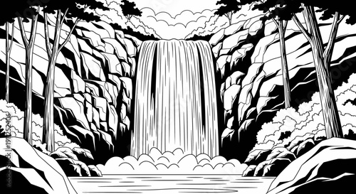 Beautiful black and white illustration of a majestic waterfall cascading down rocky cliffs in a lush forest landscape
