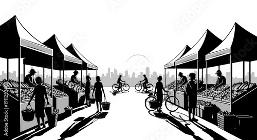 Black and white illustration of a bustling outdoor market with people shopping, vendors, and cyclists, featuring a city skyline background.