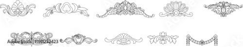 Vector technical drawings of classical architectural ornaments including ornate urns, decorative pediments, floral moldings, and cornice profiles.