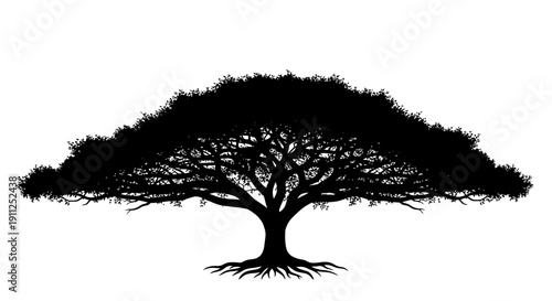 Detailed black silhouette vector of a broad canopy tree with intricate roots, isolated on white. Symbol of nature, growth, and life.