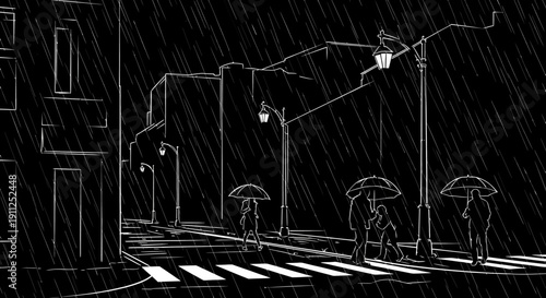 Hand-drawn illustration of a dark, rainy city street at night with pedestrians under umbrellas and glowing streetlights