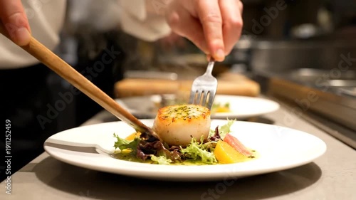 Fine dining scallop dish with delicate garnishes being artfully prepared and plated by a chef in a professional kitchen setting