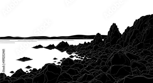 Dramatic monochromatic rocky coastline illustration with rough stones by calm water, minimalist landscape in stark black and white.