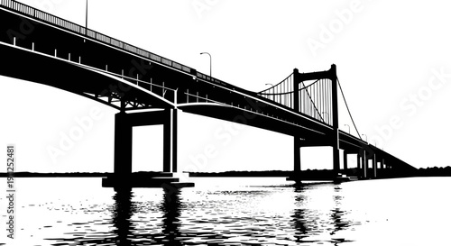 Majestic black and white silhouette of a large bridge spanning calm water, creating a high-contrast graphic image