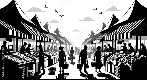 Black and white illustration of a bustling outdoor market with people shopping at various stalls under awnings, depicting local commerce.
