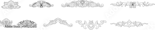 Vector technical drawings of classical architectural ornaments including ornate urns, decorative pediments, floral moldings, and cornice profiles.