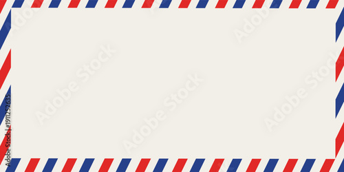 Postal air mail envelope frame with red and blue stripes on a white background. Vector illustration.