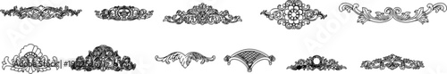 Vector technical drawings of classical architectural ornaments including ornate urns, decorative pediments, floral moldings, and cornice profiles.