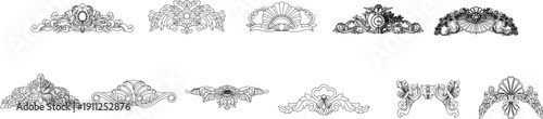 Technical vector illustrations of architectural elements including acanthus scroll borders, ornate urns, classical window frames, and Oriental murals.