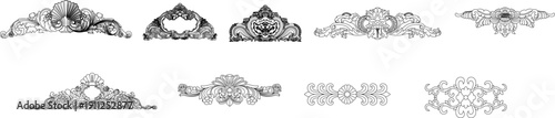 Technical vector illustrations of architectural elements including acanthus scroll borders, ornate urns, classical window frames, and Oriental murals.