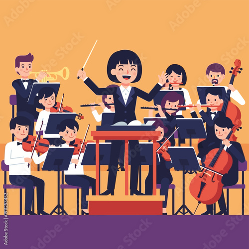 Female Conductor Leading Orchestra Performance.