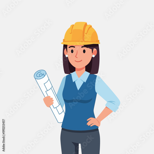 Female Engineer Holding Blueprint Cartoon.