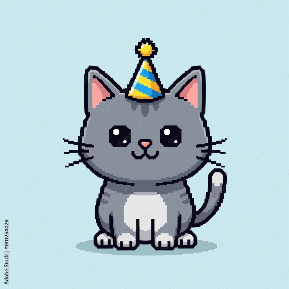 Obraz premium Gray Cartoon Cat Wearing Party Hat.