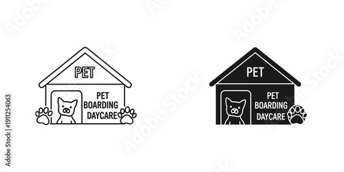 Pet Boarding Daycare House Logo Design with Cat and Paw Prints in Black and White