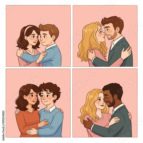 Illustration of Couples Embracing and Kissing.
