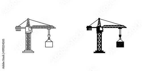 Crane Lifting Heavy Load Illustration, Construction Equipment, Industrial Machinery, Black and White