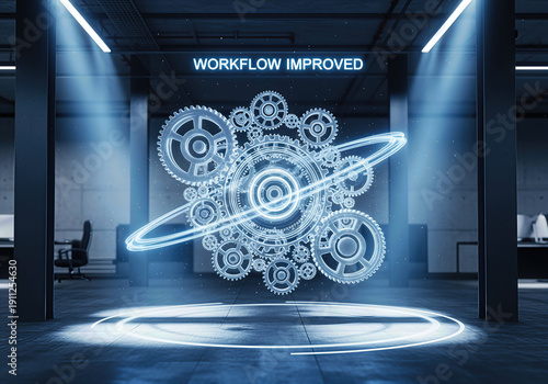 Futuristic Gear System Hovering in Modern Office Space