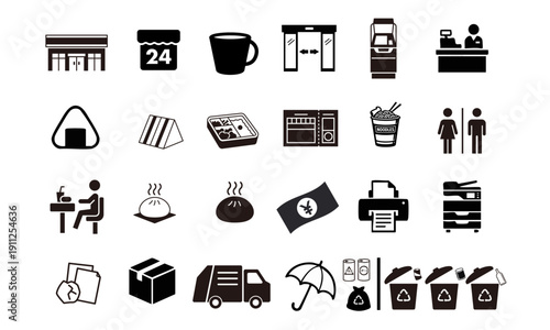 Japanese Convenience Store Konbini Service Icon Set - 24 Pictograms