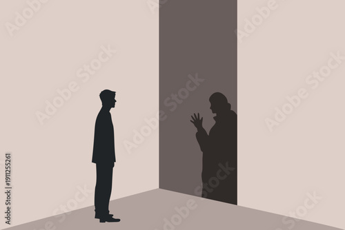 Man facing lurking ghost shadow of the past, old traumas fear discomfort silhouette vector