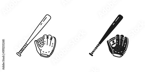 Baseball Bat and Glove Illustration Set in Black and White
