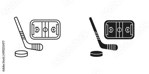 Hockey Sticks and Pucks on Ice Rink Backgrounds, Monochrome Sports Icons