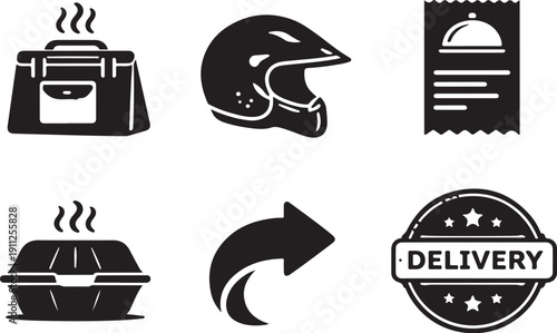 Food delivery service vector icons set: hot meal bag, helmet, menu, takeout container, share arrow, delivery badge, isolated on white