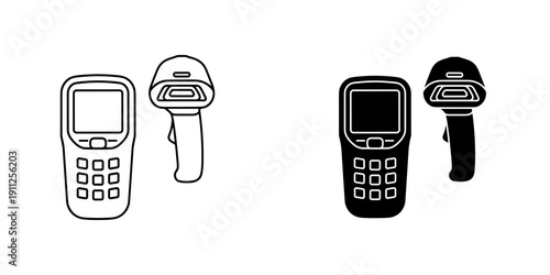 Barcode Scanners and Mobile Devices in White and Black Outlined Illustration