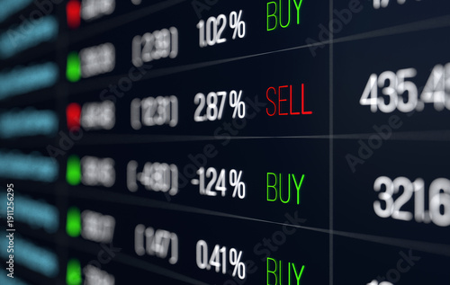 Close-up buy and sell signs, trading screen with equity funds prices, data, market information. Business, investment, growth, prices up and down, volatile, market risk.