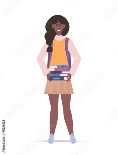Happy African American schoolgirl with backpack. She is holding a stack of books in her hands. Education and training. Vector Not AI generate