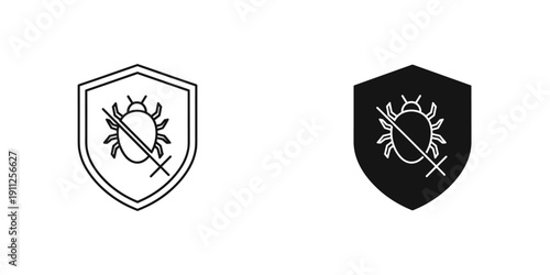 Shield Icon with Bug Symbol, Black and White Versions, Security Concept