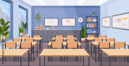 Interior of stylish empty classroom with school desks, chairs, school lockers, bookcase, books, windows and  pot flowers. Class for study. Education concept. Vector Not AI generated
