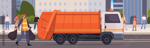 A cleaner is loading rubbish bags into a garbage truck. Waste collectors are cleaning the city. Waste management. Vector Not AI generated