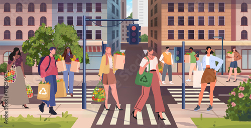 Busy city crosswalk with diverse people carrying reusable grocery bags filled with fresh produce. Reflecting everyday urban life while promoting eco conscious consumer habits. Vector Not AI generated.