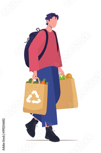  Young man holding eco-friendly shopping bags filled with fresh vegetables. Concept of eco lifestyle and zero waste living. Vector. Not AI generated.