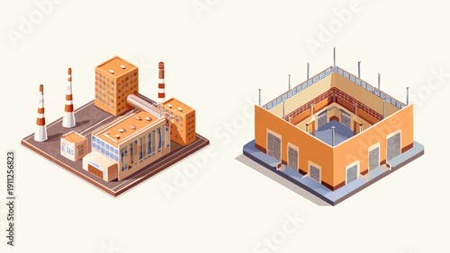 Isometric industrial complex and building structure illustration with detailed elements and high-quality rendering