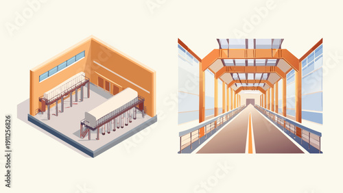 Modern industrial factory interior with production tanks and futuristic enclosed bridge in vector art, showcasing advanced manufacturing and innovative infrastructure development