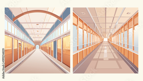 Vector illustrations depicting two distinct, empty school hallways or modern office corridors, showcasing symmetrical architectural designs and bright, inviting light