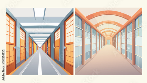 Illustrations of empty modern architectural corridors one sleek underground passage, the other a bright, windowed hallway, conveying contemporary design and spacious perspective