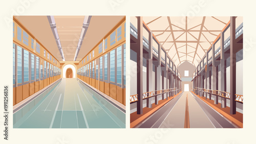 Two different architectural indoor spaces, viewed from a central point, showing perspectives of hallways and industrial structures with natural lighting